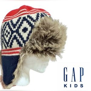 Gap Kids Alpine Faux Fur Knit Trapper Hat Ear Flaps Red White Blue Size S/M